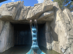 Our boat entering the cave at the Merlin`s Quest attraction at the Avalon section at the Toverland theme park