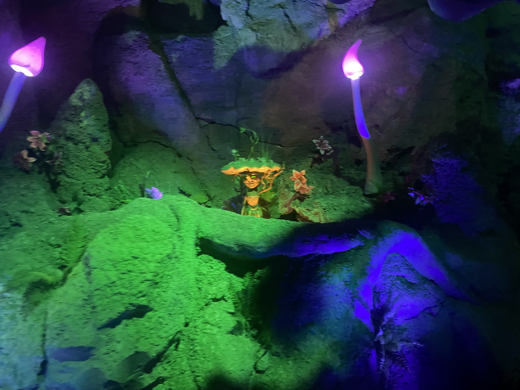Gnome statue at the cave at the Merlin`s Quest attraction at the Avalon section at the Toverland theme park