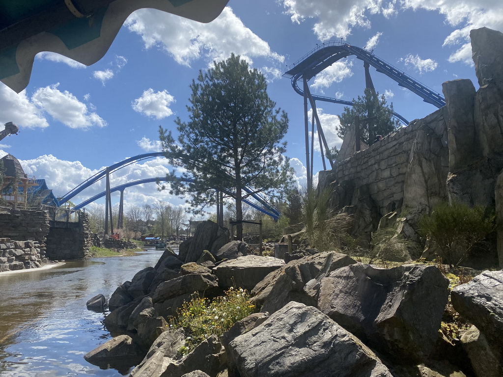 The Fenix attraction and the Pixarus attraction, under construction, at the Avalon section at the Toverland theme park, viewed from our boat at the Merlin`s Quest attraction