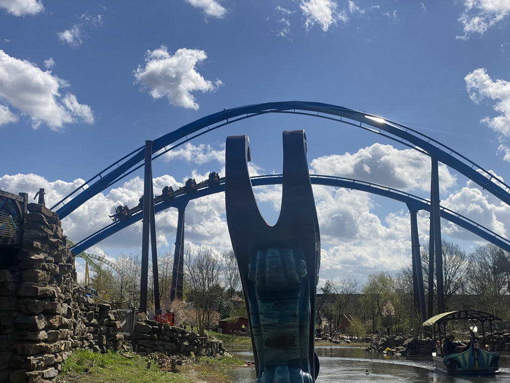 The Merlin`s Quest and Fenix attractions at the Avalon section and the Dwervelwind attraction at the Magische Vallei section at the Toverland theme park, viewed from our boat