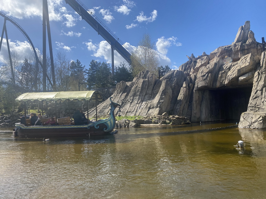 The Merlin`s Quest and Fenix attractions at the Avalon section at the Toverland theme park, viewed from our boat