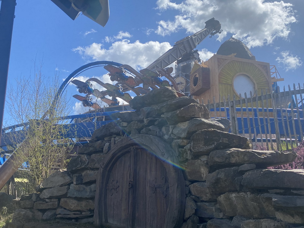 The Pixarus attraction, under construction, at the Avalon section at the Toverland theme park, viewed from our boat at the Merlin`s Quest attraction