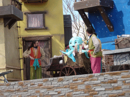 Actors and the mascot Octopus Joey on the stage at the Port Laguna section at the Toverland theme park, during the Aqua Bellatores show