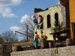 Actors on a trampoline on the stage at the Port Laguna section at the Toverland theme park, during the Aqua Bellatores show