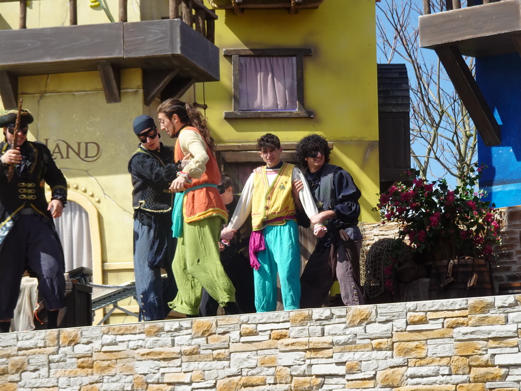 Actors on the stage at the Port Laguna section at the Toverland theme park, during the Aqua Bellatores show