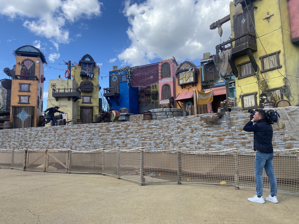 Actors on the stage and a cameraman at the Port Laguna section at the Toverland theme park, during the Aqua Bellatores show