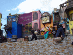 Actors on the stage at the Port Laguna section at the Toverland theme park, during the Aqua Bellatores show