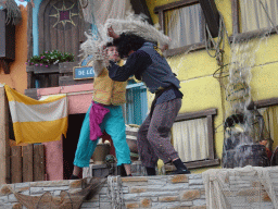 Actors and water on the stage at the Port Laguna section at the Toverland theme park, during the Aqua Bellatores show