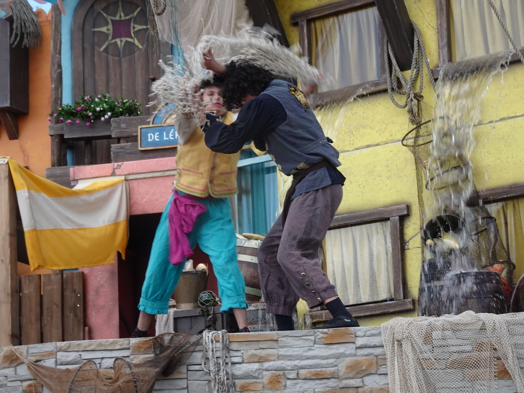 Actors and water on the stage at the Port Laguna section at the Toverland theme park, during the Aqua Bellatores show