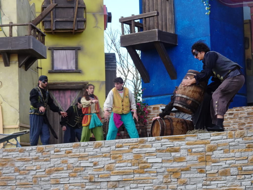 Actors on the stage at the Port Laguna section at the Toverland theme park, during the Aqua Bellatores show
