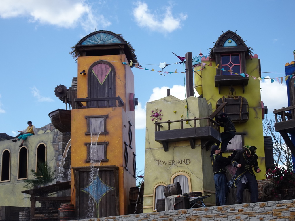 Actors and water on the stage at the Port Laguna section at the Toverland theme park, during the Aqua Bellatores show