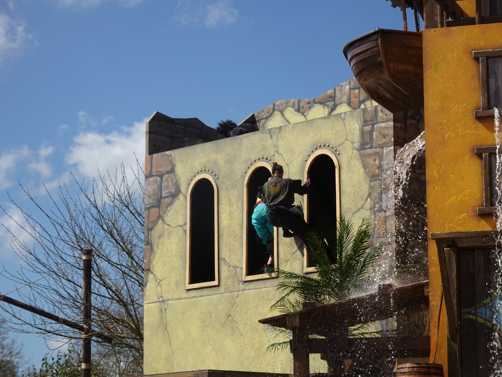 Actors on a trampoline and water on the stage at the Port Laguna section at the Toverland theme park, during the Aqua Bellatores show