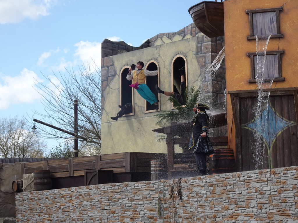 Actors on a trampoline and water on the stage at the Port Laguna section at the Toverland theme park, during the Aqua Bellatores show