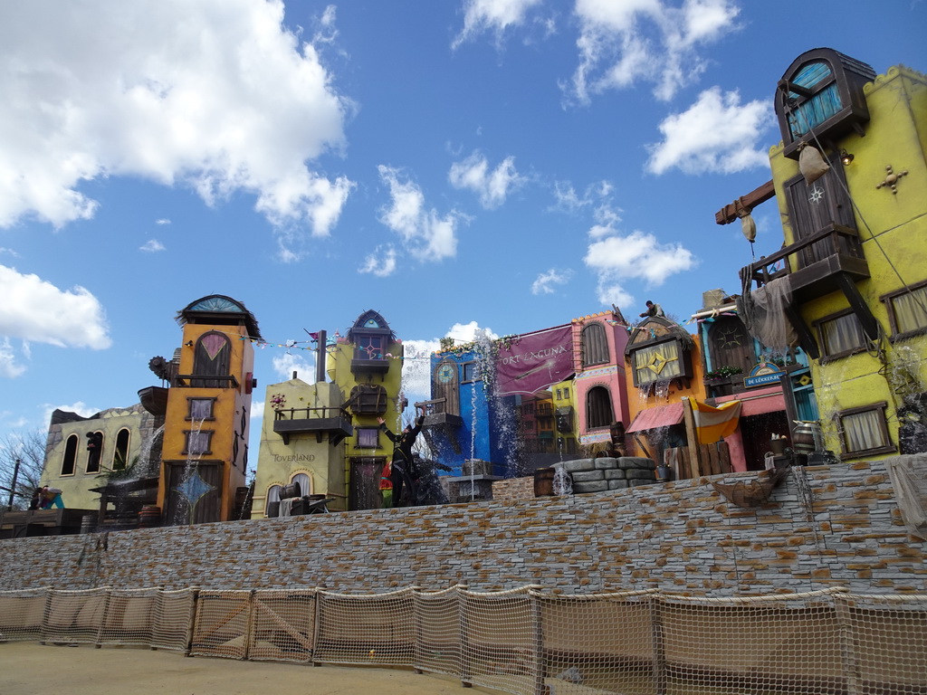 Actors and water on the stage at the Port Laguna section at the Toverland theme park, during the Aqua Bellatores show