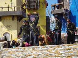 Actors and water on the stage at the Port Laguna section at the Toverland theme park, during the Aqua Bellatores show