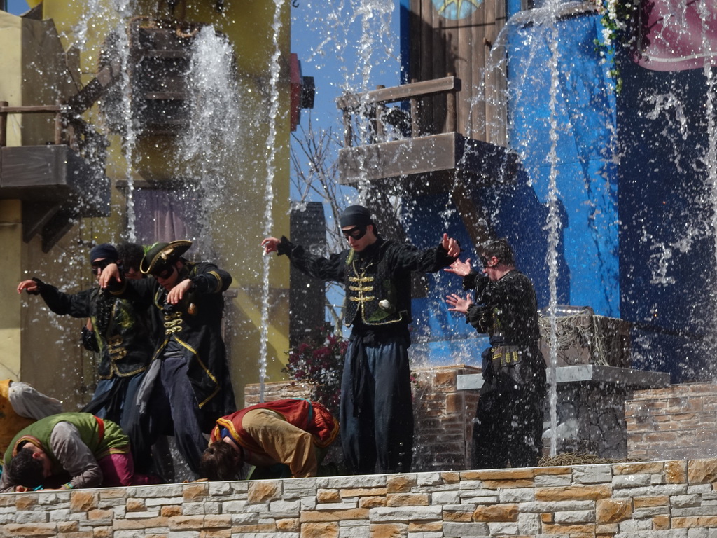 Actors and water on the stage at the Port Laguna section at the Toverland theme park, during the Aqua Bellatores show