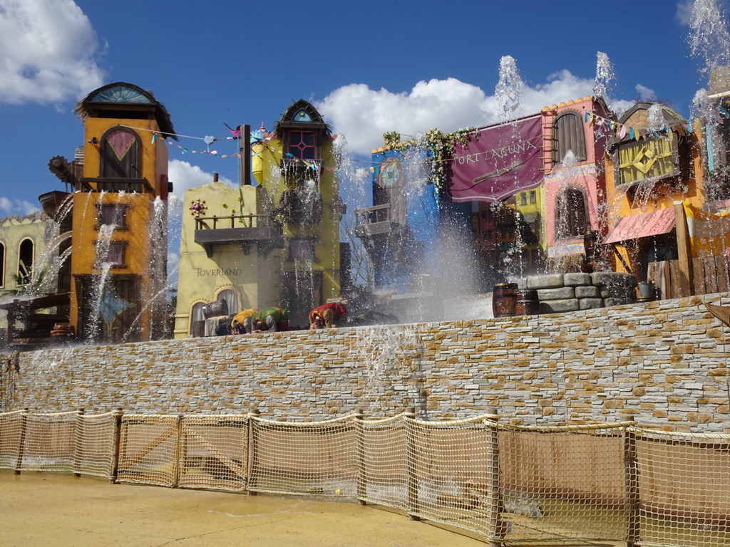 Actors and water on the stage at the Port Laguna section at the Toverland theme park, during the Aqua Bellatores show