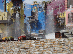 Actors and water on the stage at the Port Laguna section at the Toverland theme park, during the Aqua Bellatores show