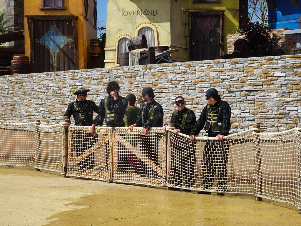 Actors in front of the stage at the Port Laguna section at the Toverland theme park, right after the Aqua Bellatores show