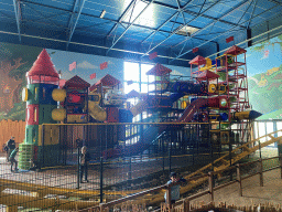 The Speelkasteel and Toos Express attractions at the Land van Toos section at the Toverland theme park, viewed from the garden of the Villa Toverhoed attraction