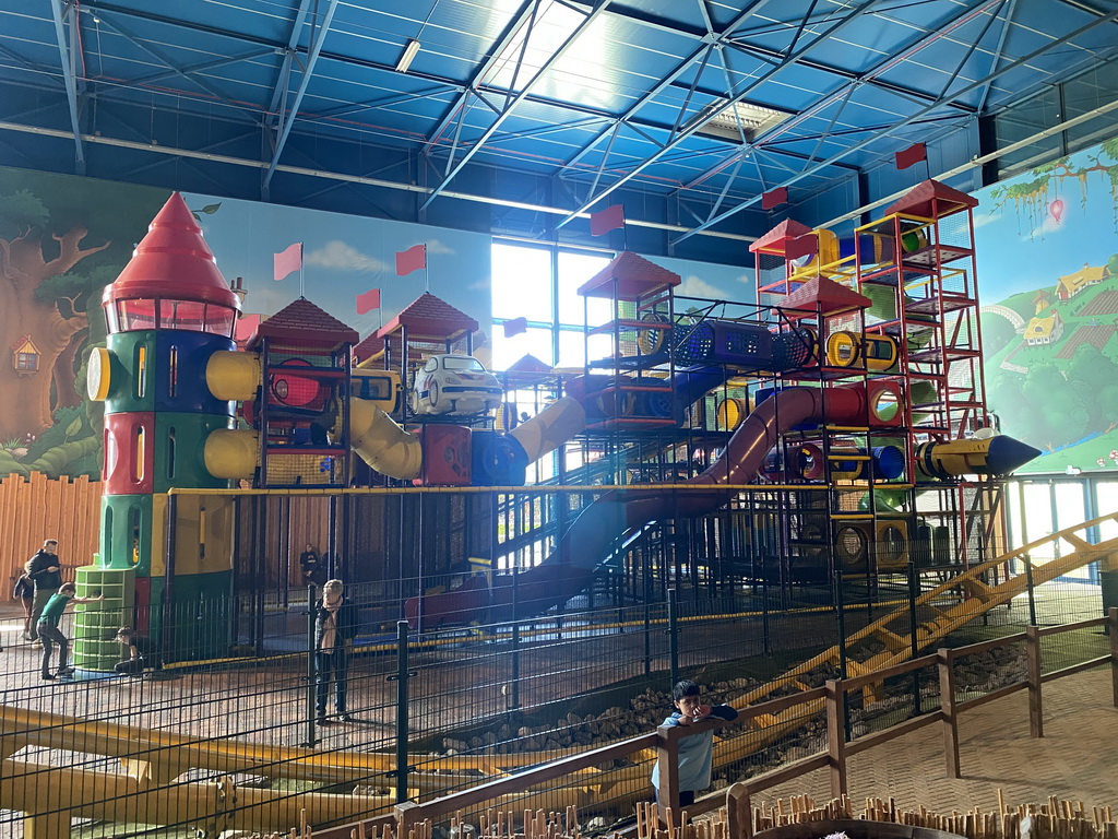 The Speelkasteel and Toos Express attractions at the Land van Toos section at the Toverland theme park, viewed from the garden of the Villa Toverhoed attraction