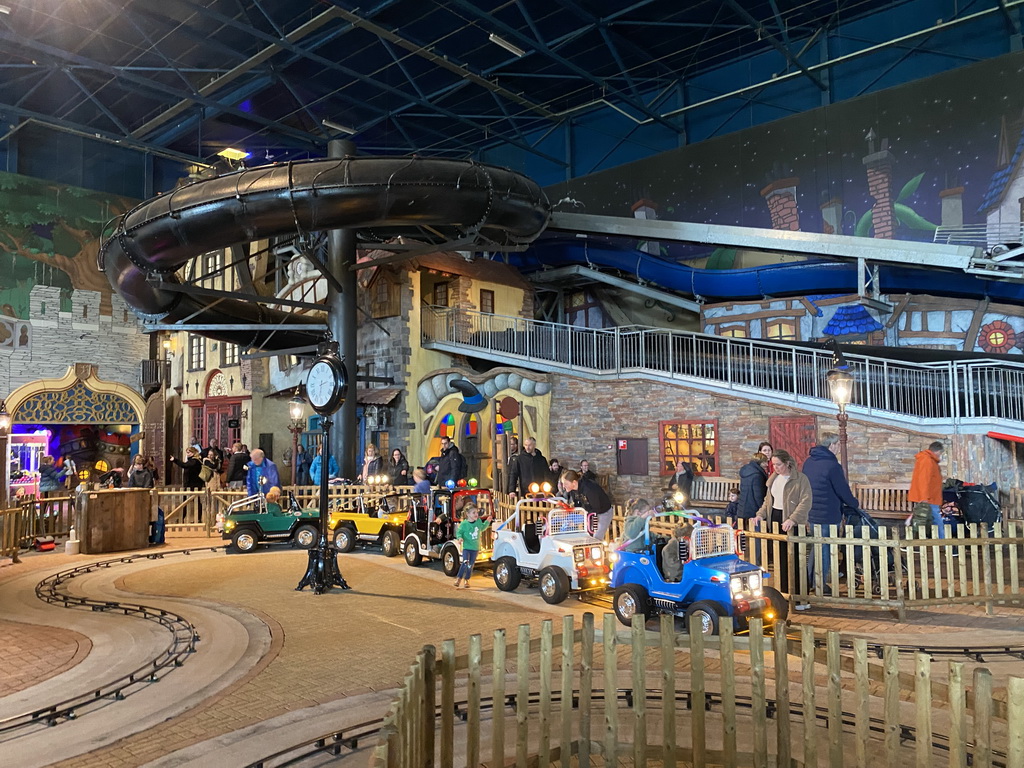 The Truukjes and Drakenslangen attractions at the Land van Toos section at the Toverland theme park, viewed from the garden of the Villa Toverhoed attraction