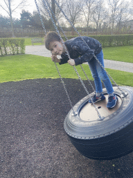 Max on a swing at the playground at the Wunderwald section at the Toverland theme park