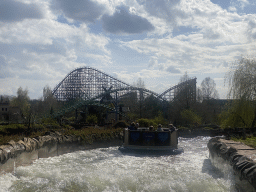 The Djengu River and Booster Bike attractions at the Magische Vallei section and the Scorpios and Troy attractions at the Ithaka section at the Toverland theme park, viewed from our boat