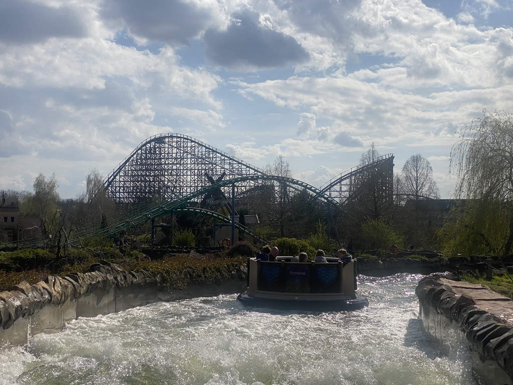 The Djengu River and Booster Bike attractions at the Magische Vallei section and the Scorpios and Troy attractions at the Ithaka section at the Toverland theme park, viewed from our boat