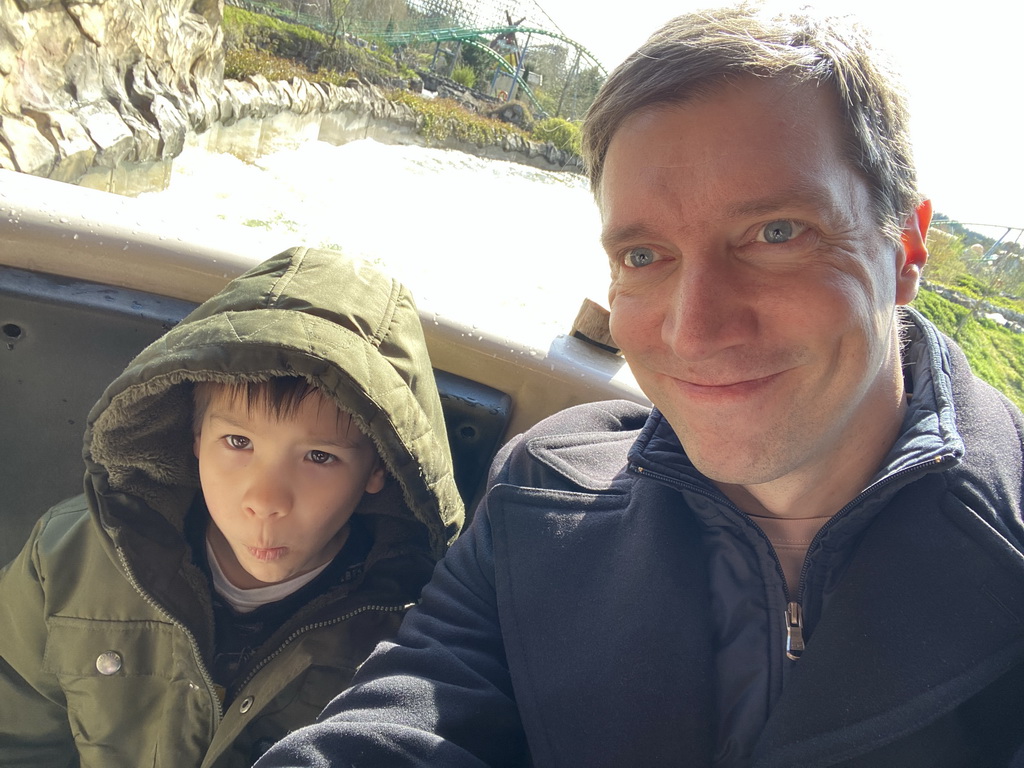 Tim and Max in our boat at the Djengu River attraction at the Magische Vallei section at the Toverland theme park