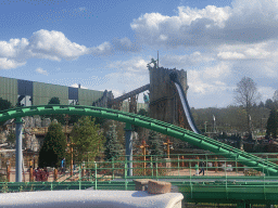 The Booster Bike attraction at the Magische Vallei section and the Expedition Zork attraction at the Wunderwald section at the Toverland theme park, viewed from our boat at the Djengu River attraction