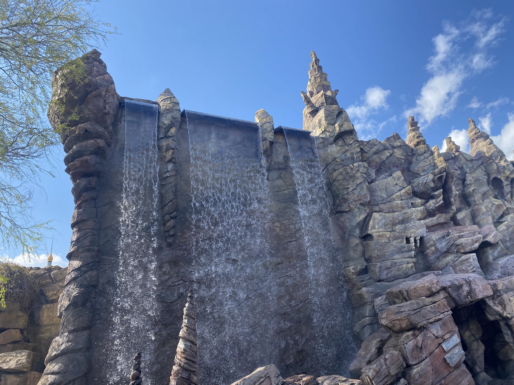 Waterfall at the Djengu River attraction at the Magische Vallei section at the Toverland theme park, viewed from our boat