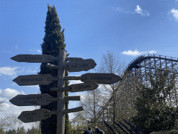 Signpost and the Troy attraction at the Ithaka section at the Toverland theme park