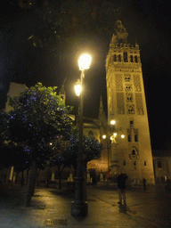 The Seville Cathedral with the Giralda tower at the Plaza Virgen de los Reyes square, by night