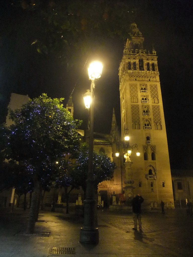 The Seville Cathedral with the Giralda tower at the Plaza Virgen de los Reyes square, by night