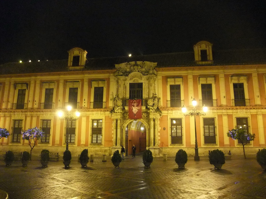 The Palacio Arzobispal at the Plaza Virgen de los Reyes square, by night