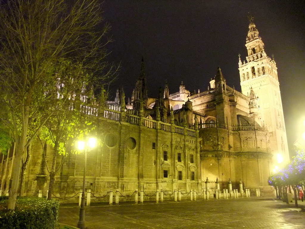 The east side of the Seville Cathedral with the Giralda tower at the Plaza del Triunfo square, by night