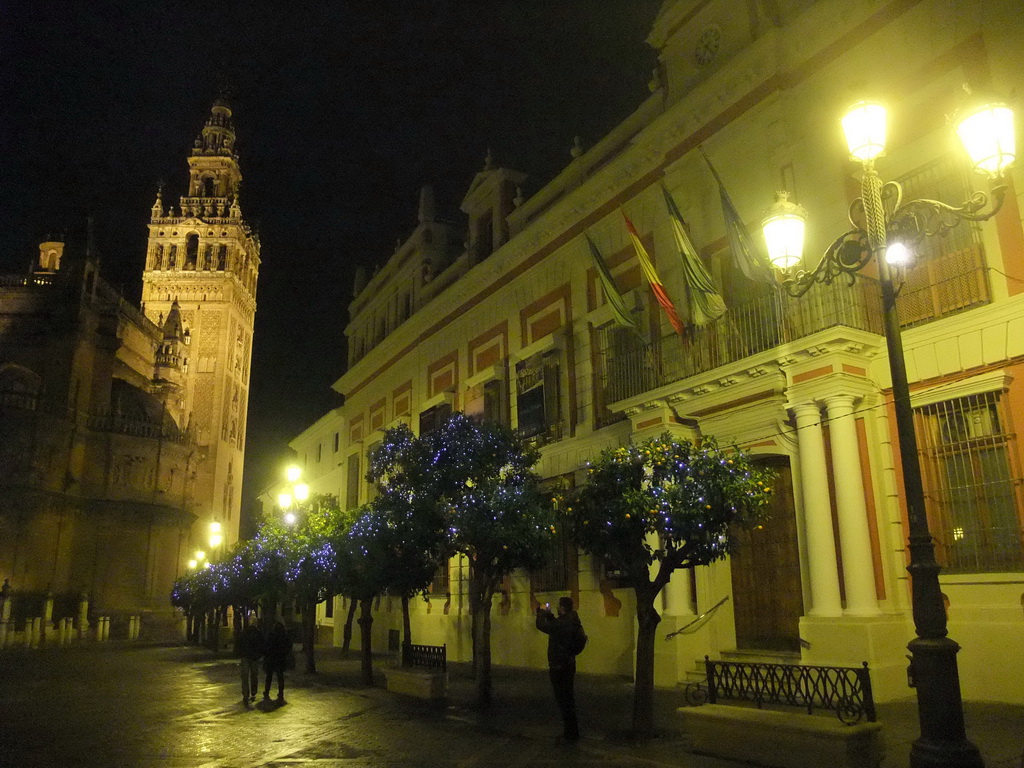 The tourist office and the east side of the Seville Cathedral with the Giralda tower at the Plaza del Triunfo square, by night