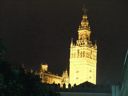 The Giralda tower, viewed from the Patio de Banderas courtyard, by night