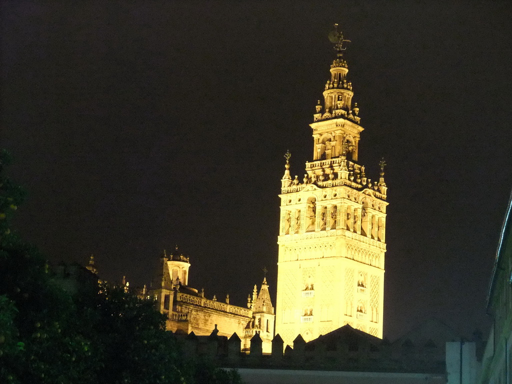 The Giralda tower, viewed from the Patio de Banderas courtyard, by night