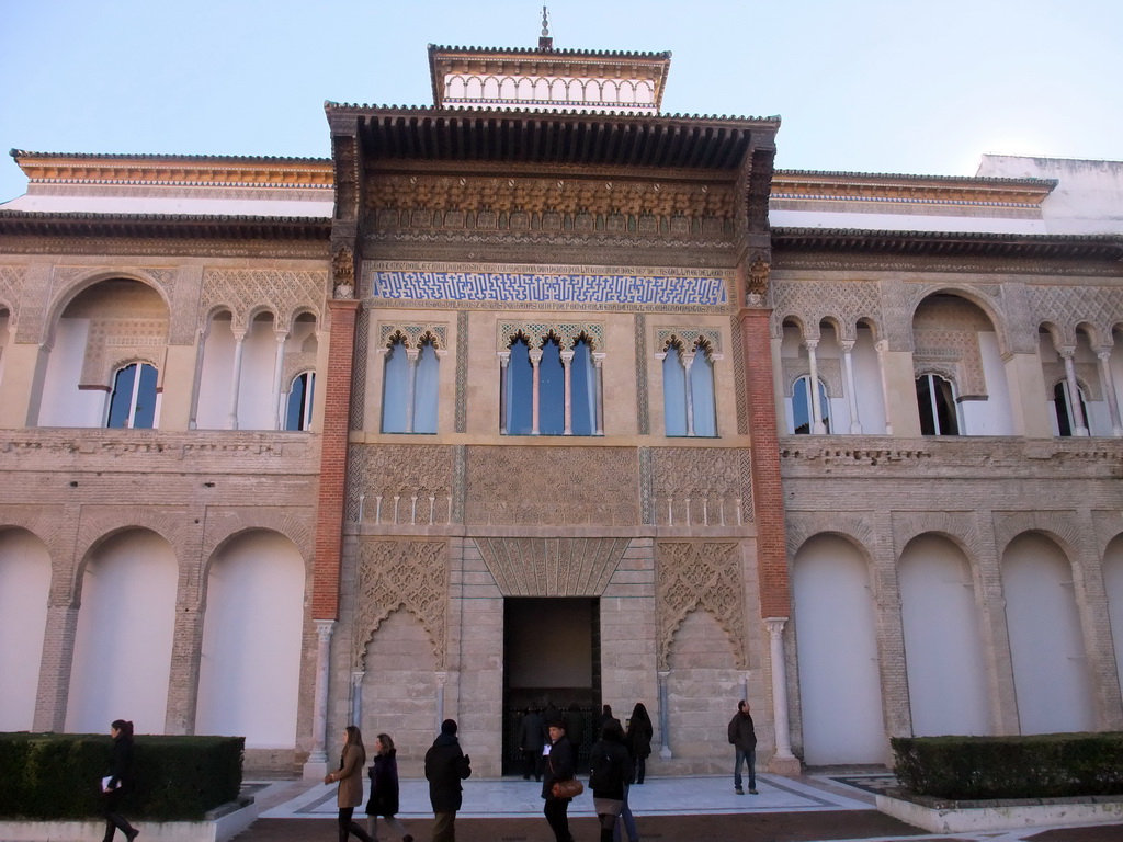 Front of the Palace of King Peter I, at the Patio de la Montería courtyard at the Alcázar of Seville