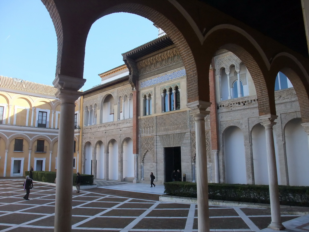 Front of the Palace of King Peter I, at the Patio de la Montería courtyard at the Alcázar of Seville