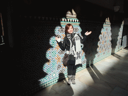 Miaomiao at a mosaic wall at the Patio de las Doncellas at the Palace of King Peter I at the Alcázar of Seville