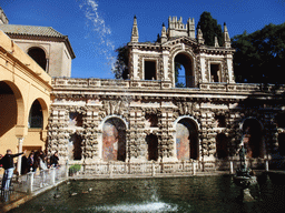 The Estanque de Mercurio pond and the Galeria del Grutesco gallery at the Gardens of the Alcázar of Seville