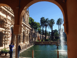 The Estanque de Mercurio pond and the Galeria del Grutesco gallery at the Gardens of the Alcázar of Seville