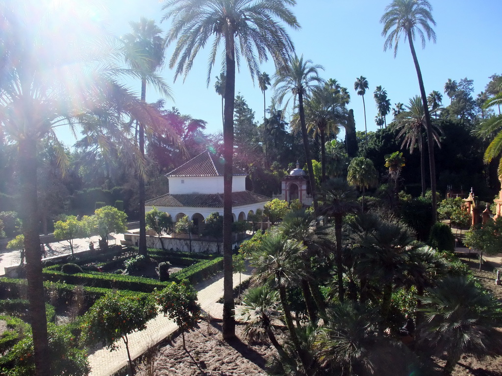 The Cenador de la Alcoba pavilion at the Gardens of the Alcázar of Seville, viewed from the Galeria del Grutesco gallery