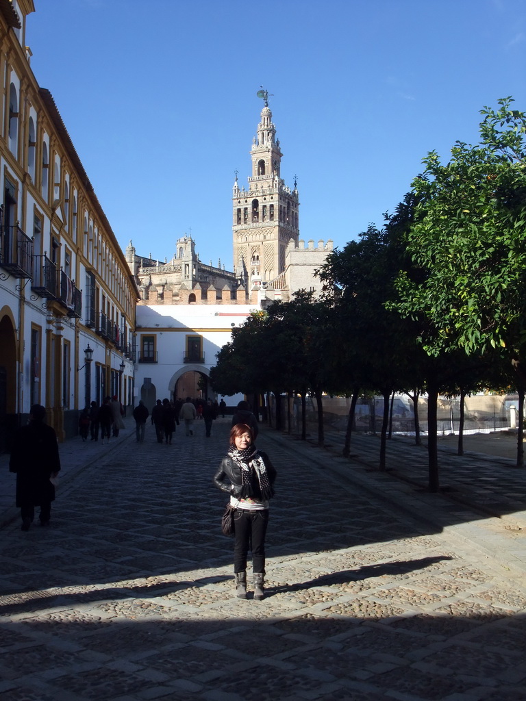 Miaomiao at the Patio de Banderas courtyard, with a view on the Seville Cathedral with the Giralda tower