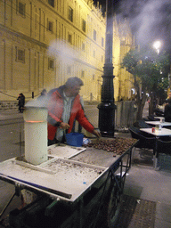 Chestnut salesman in the Avenida de la Constitución avenue at the west side of the Seville Cathedral, by night