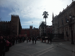 The Triunfo monument, the Archivo General de Indias, the Walls of the Alcázar of Seville and horses and carriages at the Plaza del Triunfo square