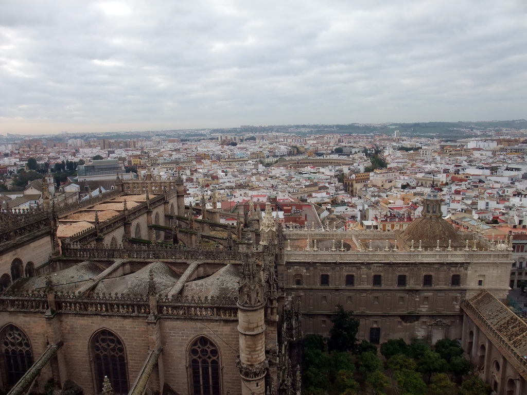 The roof of the Seville Cathedral and the Plaza de Toros de la Real Maestranza de Caballería de Sevilla bullring, viewed from the top of the Giralda tower